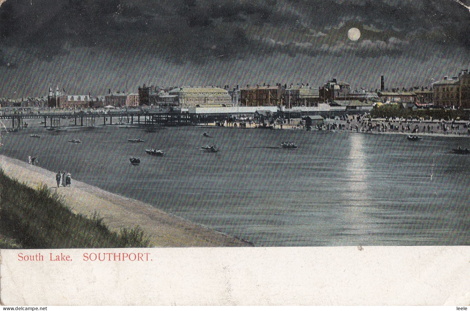 CC52.  Vintage Postcard.  South Lake, Southport By Moonlight. - Southport