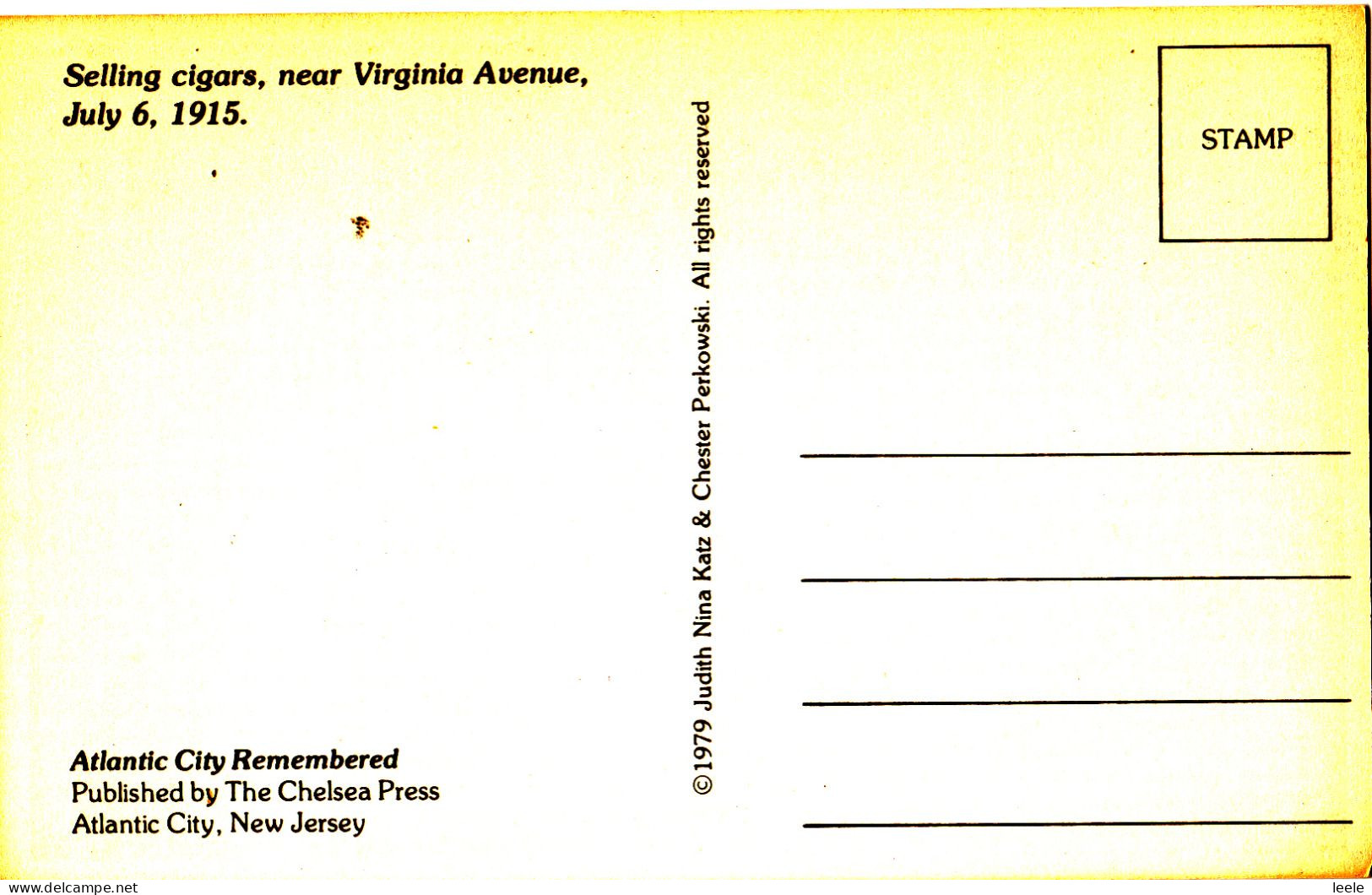 CC59.  Reprint Postcard. Atlantic City US. Selling Cigars, Near Virginia Avenue. 1915 - Atlantic City