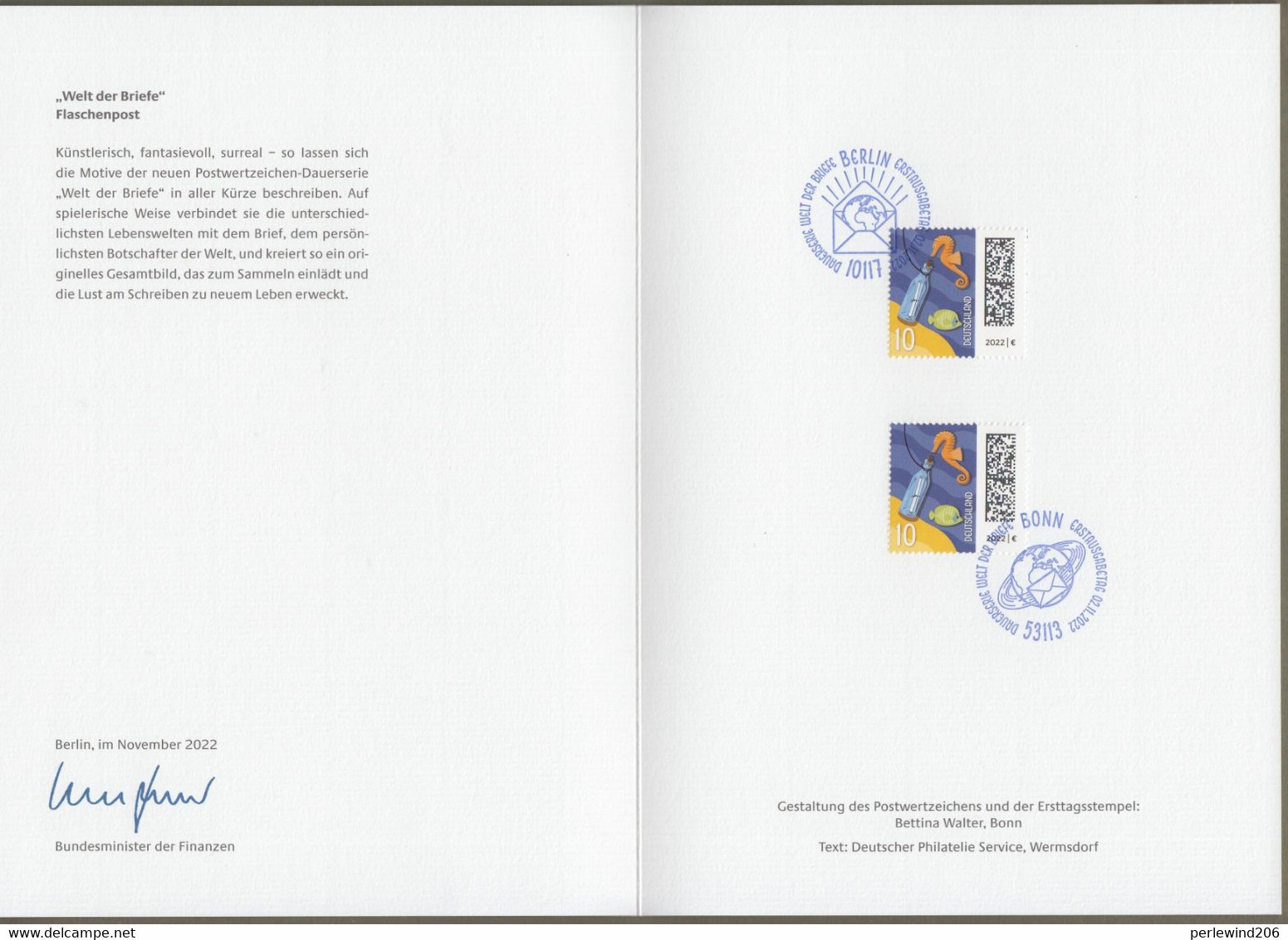 Bund: Minister Card - Ministerkarte Typ VII , Mi-Nr. 3723 ESST: " Dauerserie Welt Der Briefe - 10 Ct - "   X - Covers & Documents