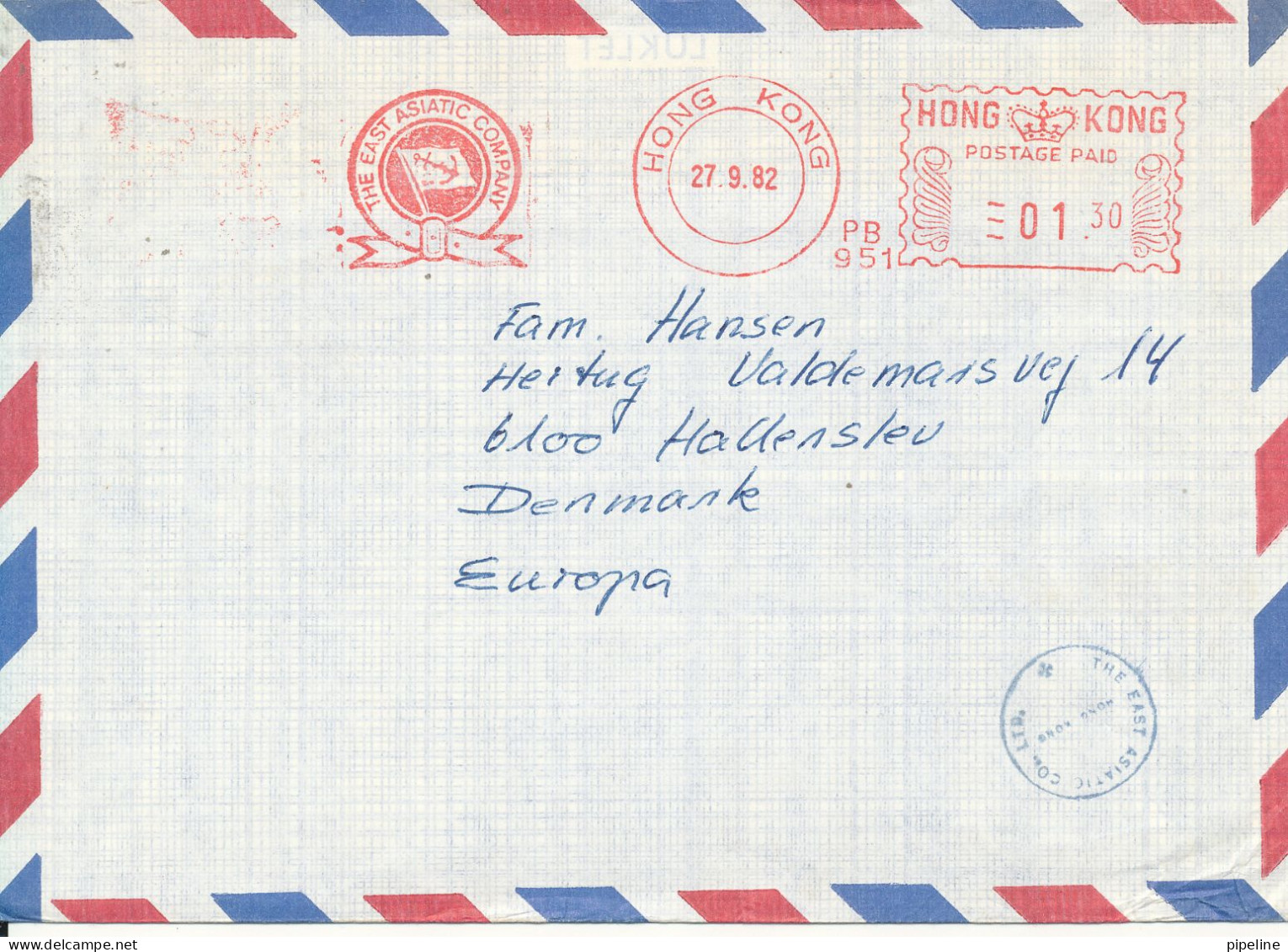 Hong Kong Air Mail Cover Sent To Denmark 27-9-1982 With Meter Cancel The East Asiatic Company - Brieven En Documenten