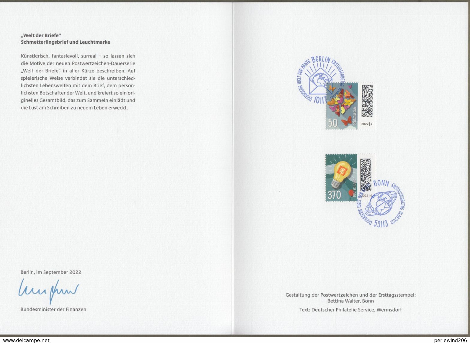 Bund: Minister Card - Ministerkarte Typ VII , Mi-Nr. 3714-15 ESST: " Dauerserie Welt Der Briefe - 50 U. 370 Ct - "   X - Covers & Documents