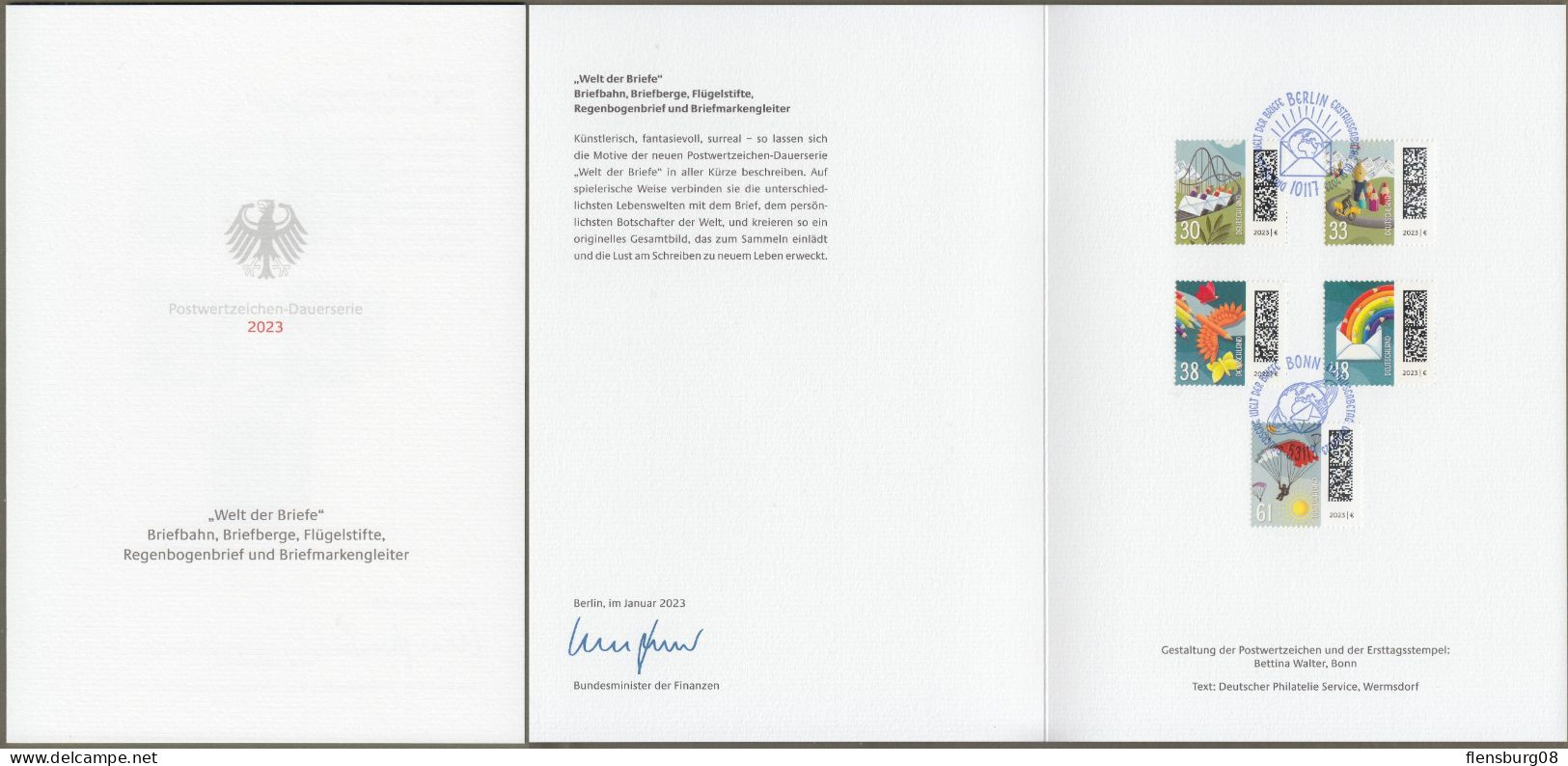 Bund: Minister Card - Ministerkarte Typ VII , Mi-Nr. 3732-36 ESST: " Dauerserie Welt Der Briefe  31, 33, 38, 48, 61 Ct " - Brieven En Documenten