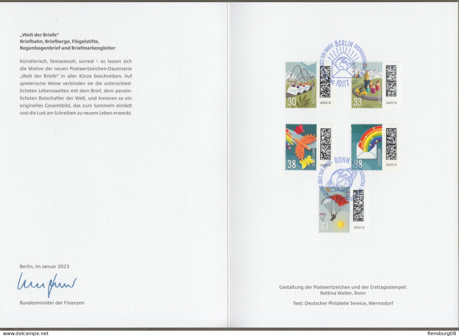 Bund: Minister Card - Ministerkarte Typ VII , Mi-Nr. 3732-36 ESST: " Dauerserie Welt Der Briefe  31, 33, 38, 48, 61 Ct " - Cartas & Documentos