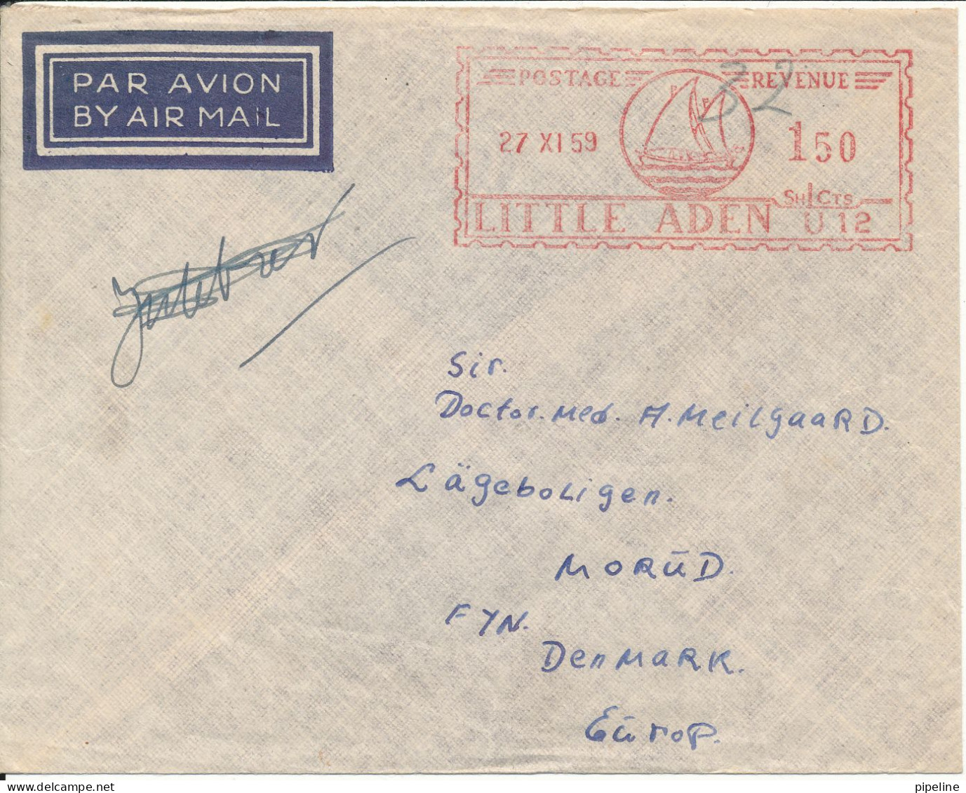 Aden Air Mail Cover With Special Red Meter Cancel "LITTLE ADEN" Sent To Denmark 27-11-1959 - Aden (1854-1963)