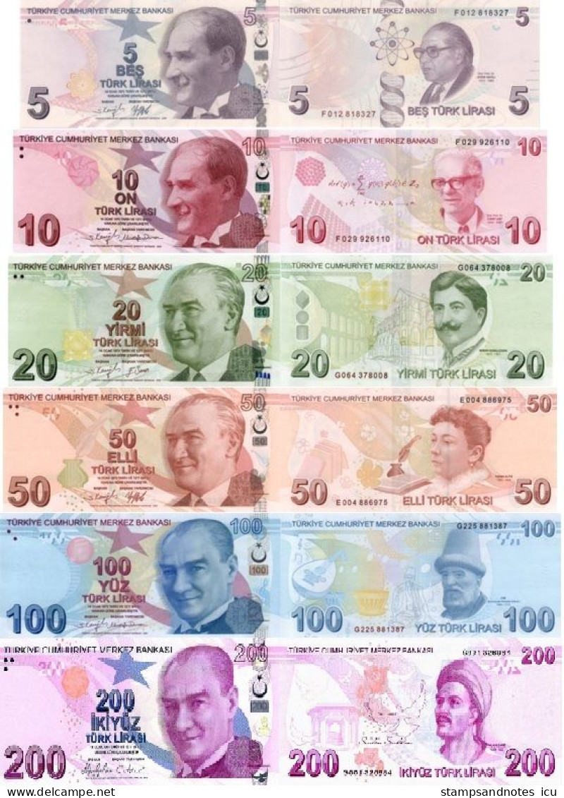 TURKEY 5 10 20 50 100 200 Lirasi L. 1970 / 2009 P 222 223 224 225 226 227 UNC 6 Banknotes - Turkey