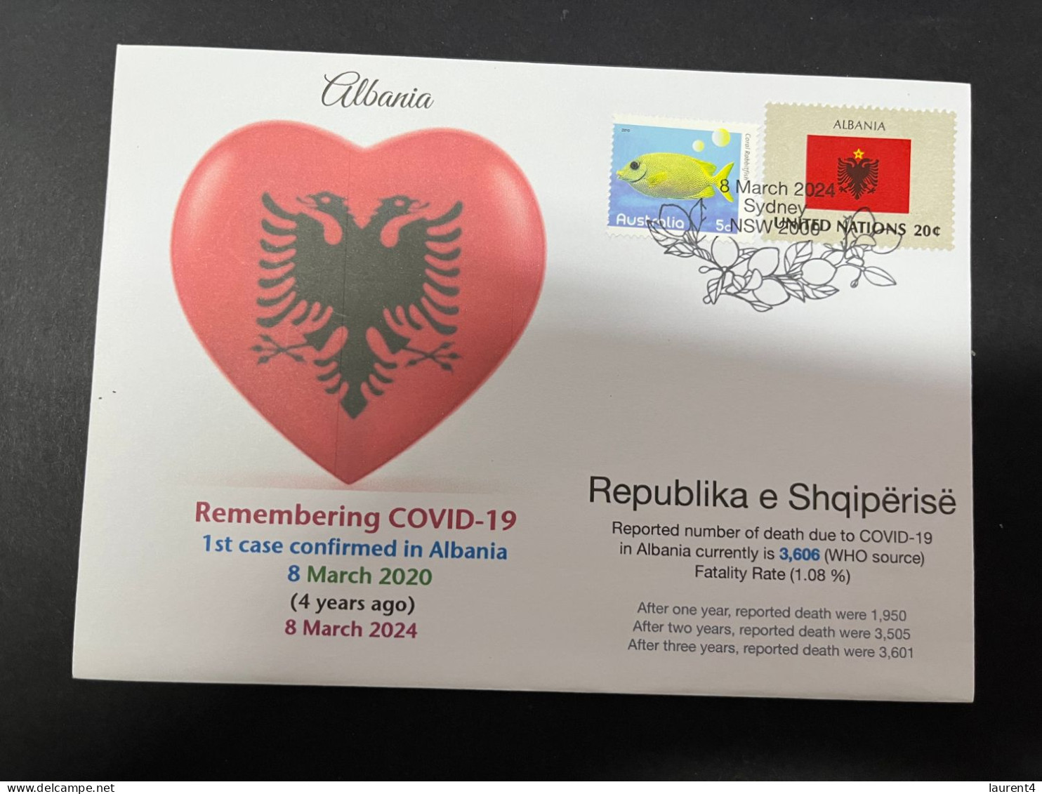 8-3-2024 (2 Y 27) COVID-19 4th Anniversary - Albania - 8 March 2024 (with Albania UN Flag Stamp) - Malattie