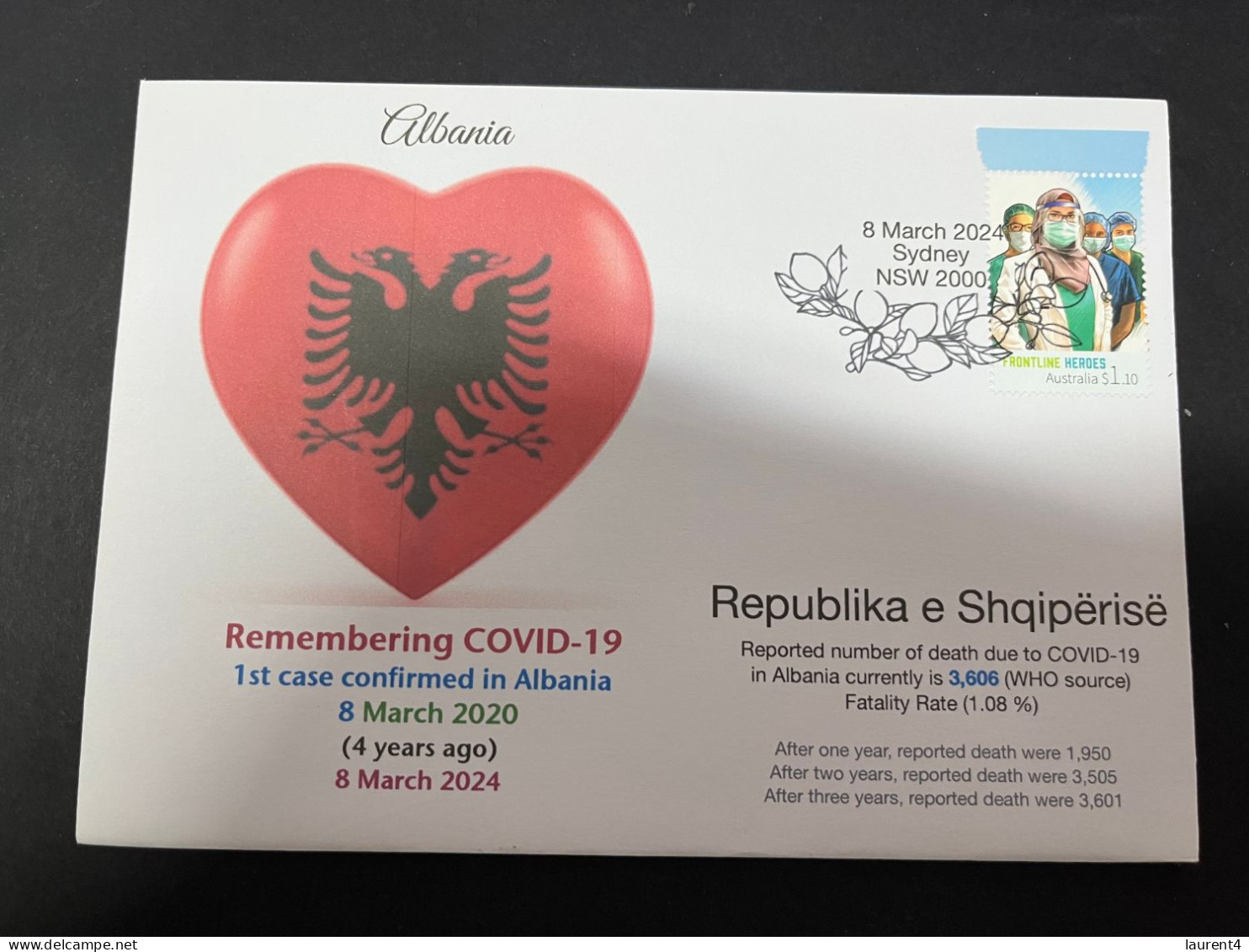 8-3-2024 (2 Y 27) COVID-19 4th Anniversary - Albania - 8 March 2024 (with Australia Doctor COVID-19 Stamp) - Malattie