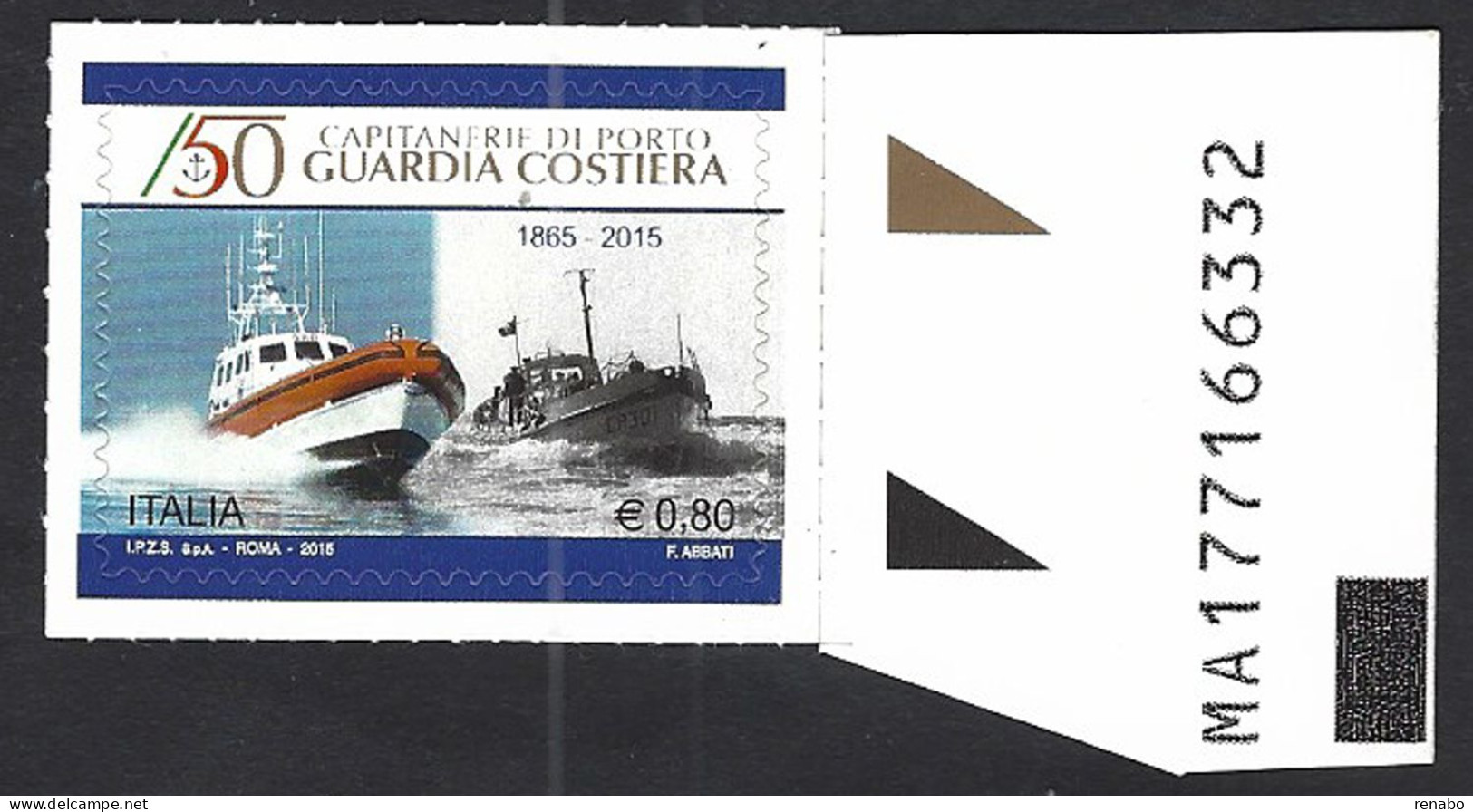 Italia 2015; Anniversario Della Guardia Costiera: Francobollo Con Alfanumerico. - Bar-code