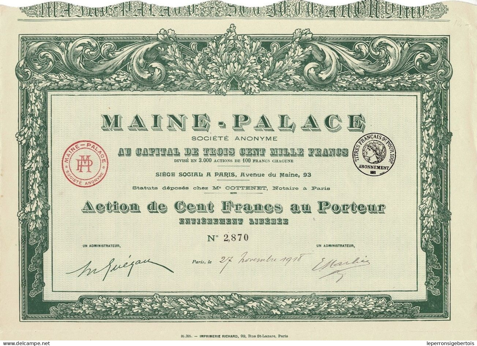 Titre De 1918 - Maine Palace - Imprimerie Richard - Cinéma & Théatre