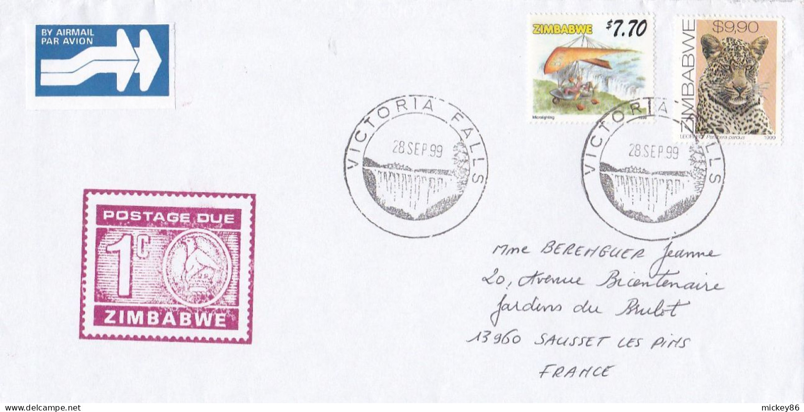 ZIMBABWE -1999 -Lettre VICTORIA FALLS Pour SAUSSET LES PINS-13 (France) Timbres Animaux,Deltaplane Motorisé...cachet - Zimbabwe (1980-...)