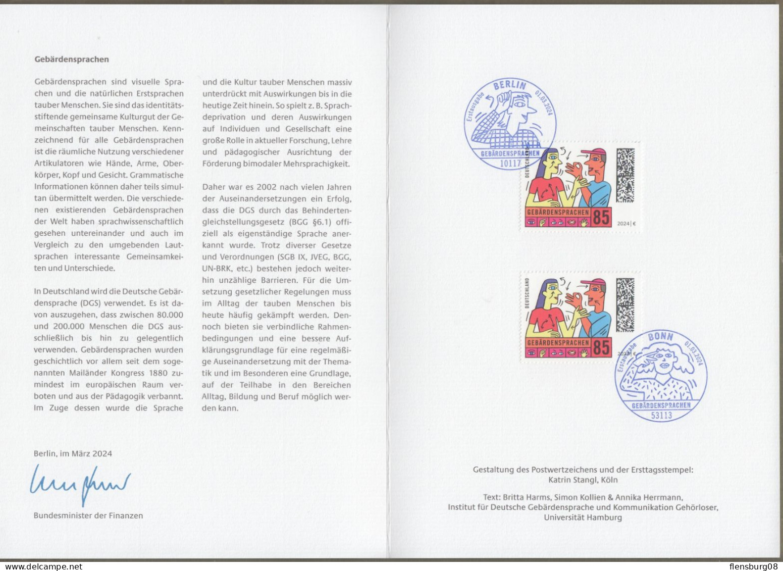 Bund: Minister Card - Ministerkarte Typ VII , Mi-Nr. 3819 ESST: " Gebärdensprache " - Covers & Documents