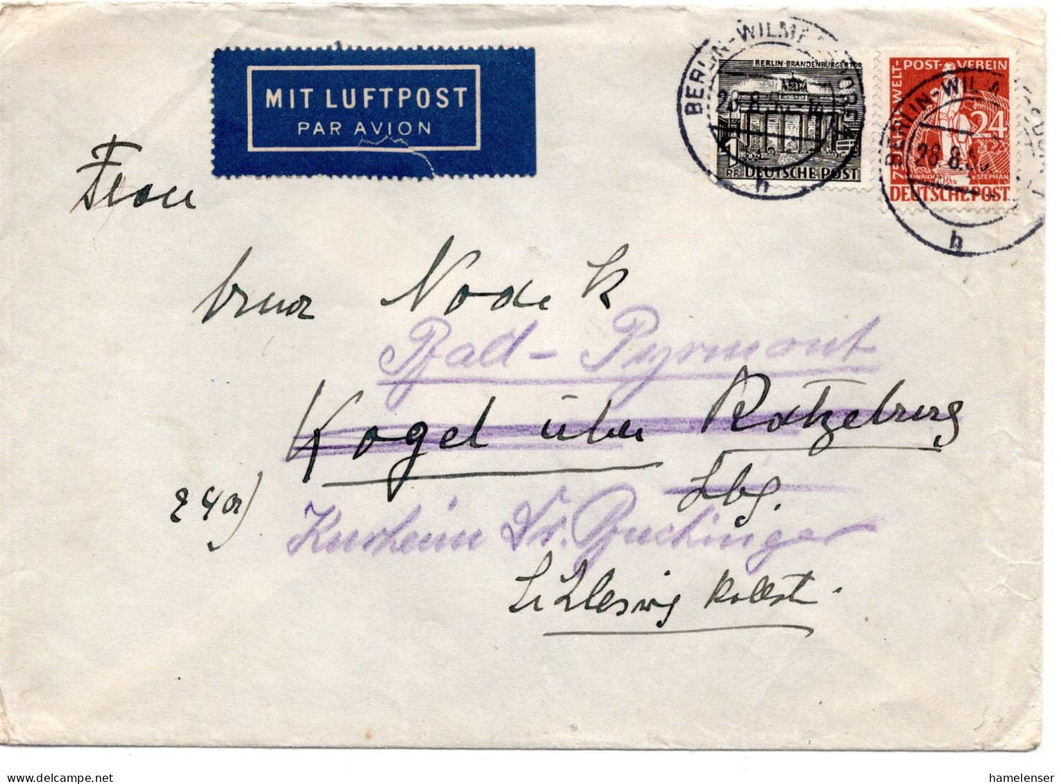 75859 - Berlin - 1950 - 24Pfg UPU MiF A LpBf BERLIN -> Kogel, Nachgesandt -> Bad Pyrmont - Briefe U. Dokumente