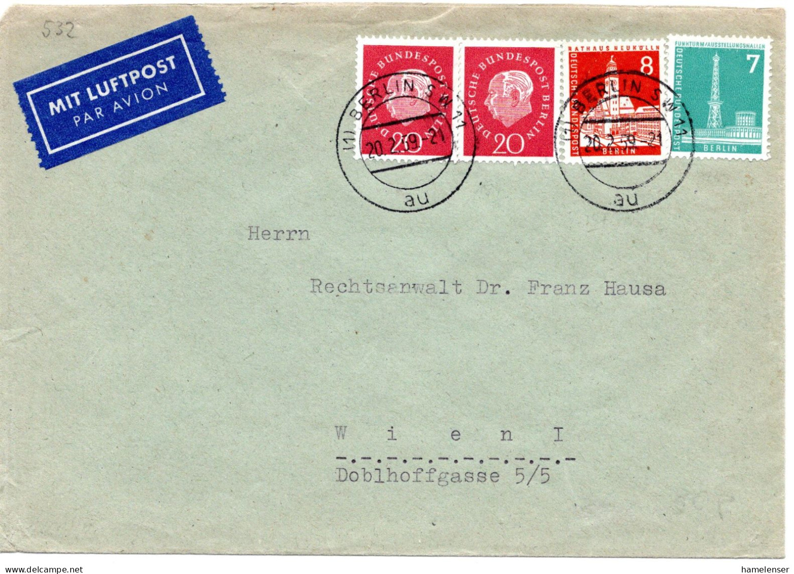 75860 - Berlin - 1959 - 2@20Pfg Heuss III A LpBf BERLIN -> Oesterreich - Covers & Documents