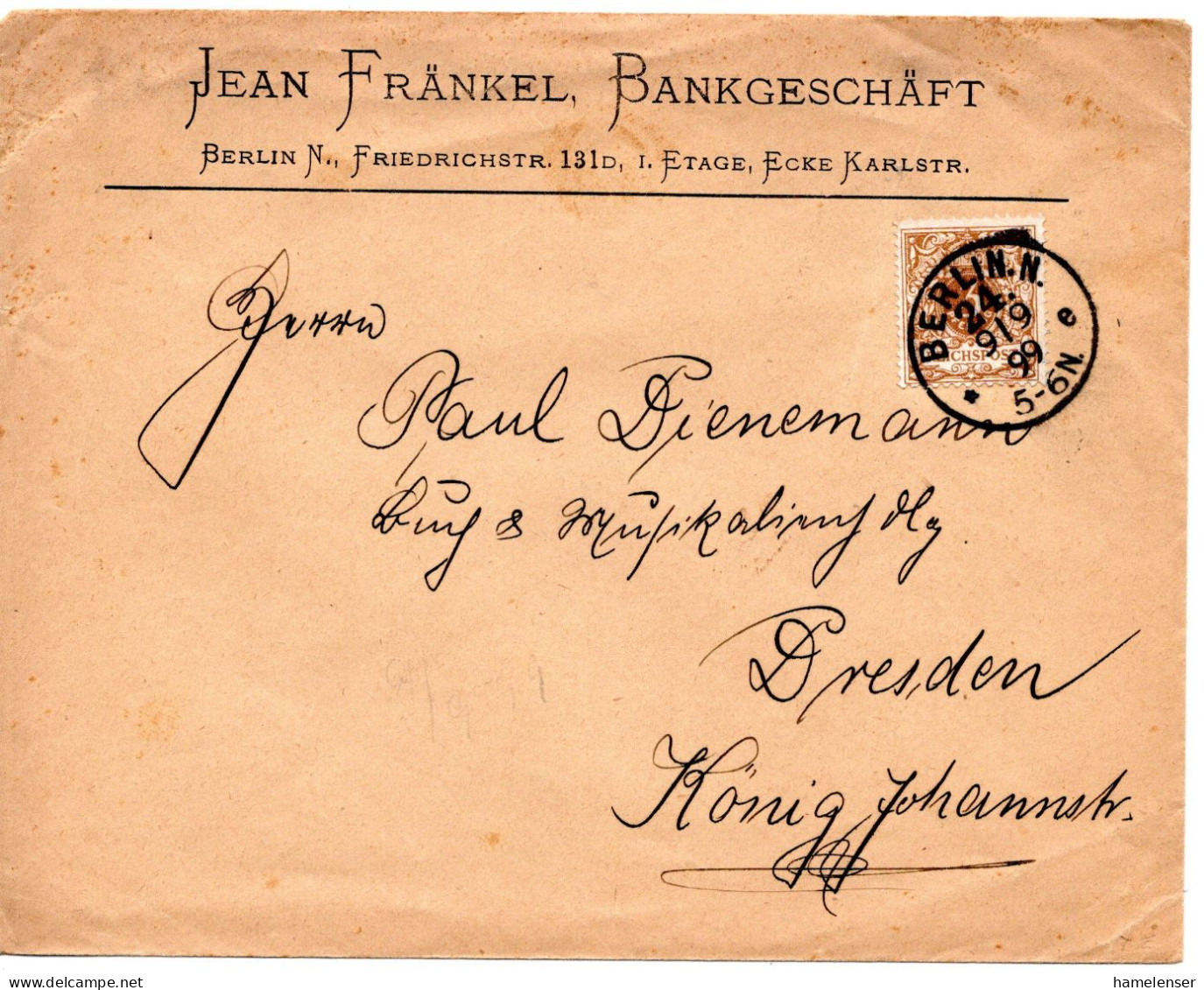 75861 - Deutsches Reich - 1899 - 3Pfg Krone / Adler EF A DrucksBf BERLIN -> Dresden, Datum "9.9.99" - Covers & Documents