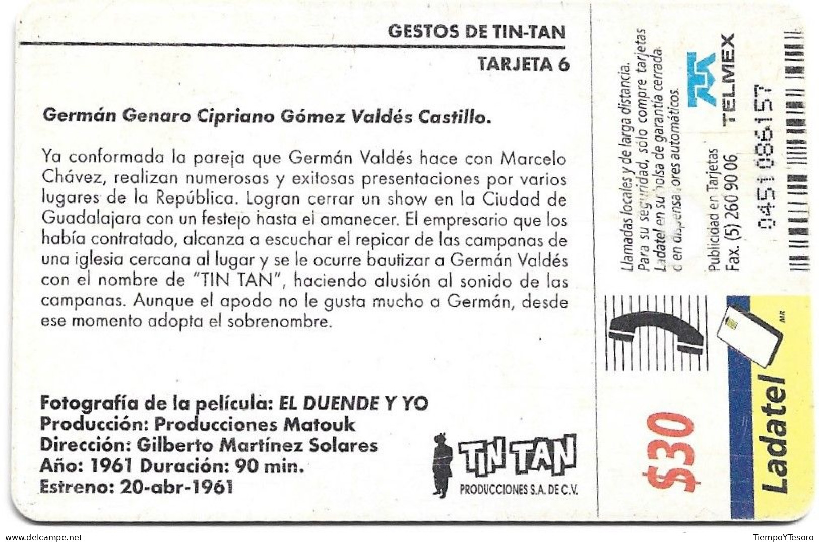 Phonecard - Mexico, Tin Tan Movie Card 6, N°1189 - Sammlungen