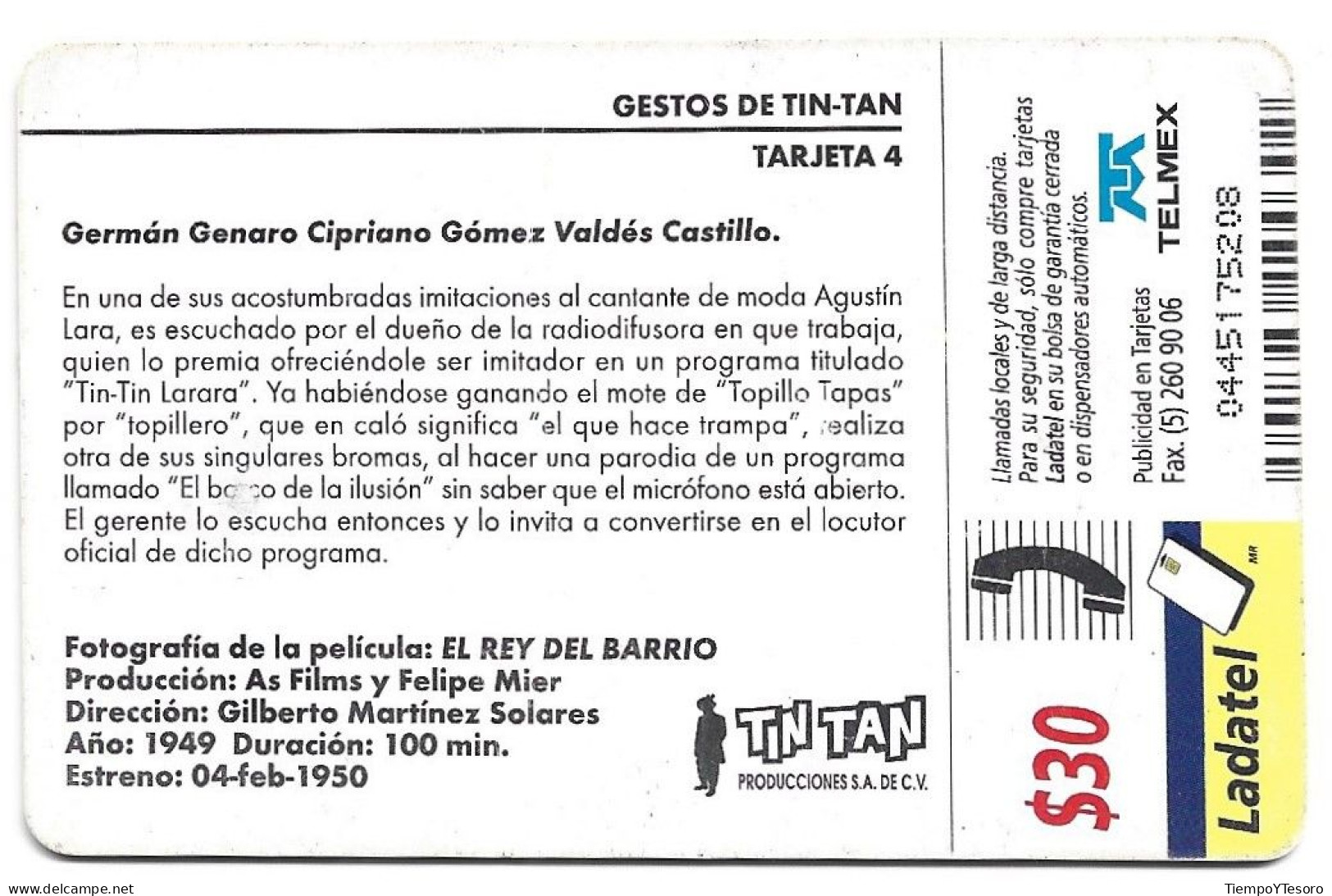 Phonecard - Mexico, Tin Tan Movie Card 4, N°1193 - Colecciones