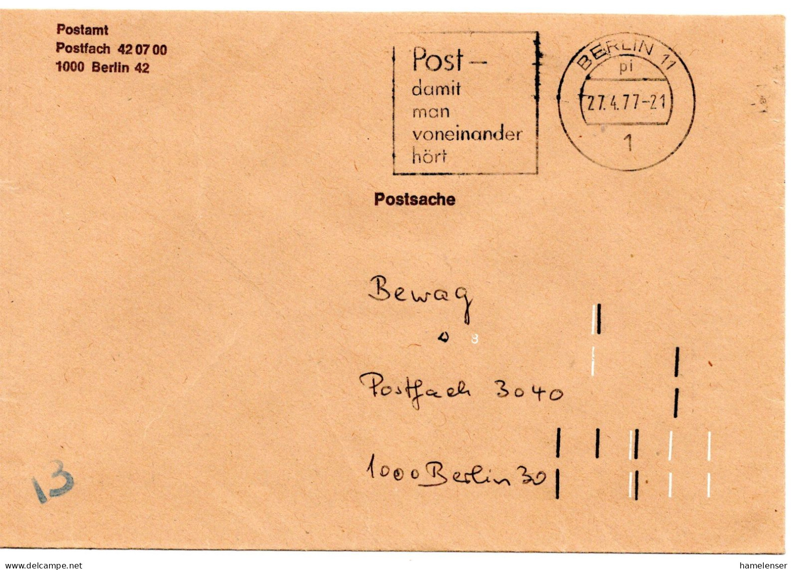 75864 - Berlin - 1977 - Postsache-OrtsBf BERLIN - ..., M Doppel-Codierung - Cartas & Documentos