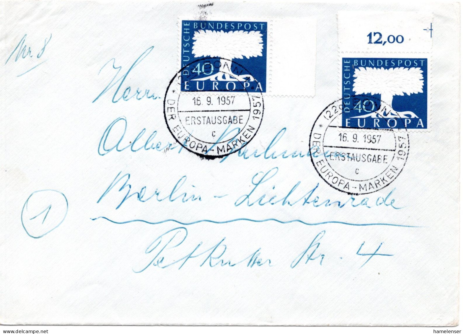 75865 - Bund - 1957 - 2@40Pfg CEPT '57 A Bf BONN - ... EUROPA-MARKEN ... -> Westberlin - Cartas & Documentos