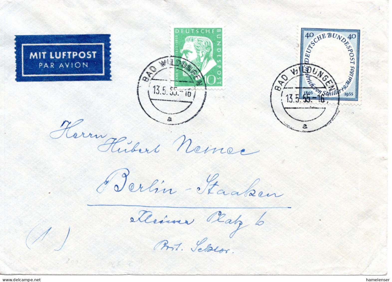75866 - Bund - 1955 - 40Pfg Schiller MiF A LpBf BAD WILDUNGEN -> Westberlin - Storia Postale