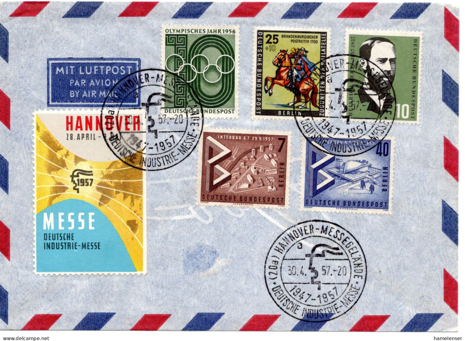 75871 - Bund - 1957 - MiF A Umschlag (u Schuerfung) SoStpl HANNOVER - DEUTSCHE INDUSTRIE-MESSE - Brieven En Documenten
