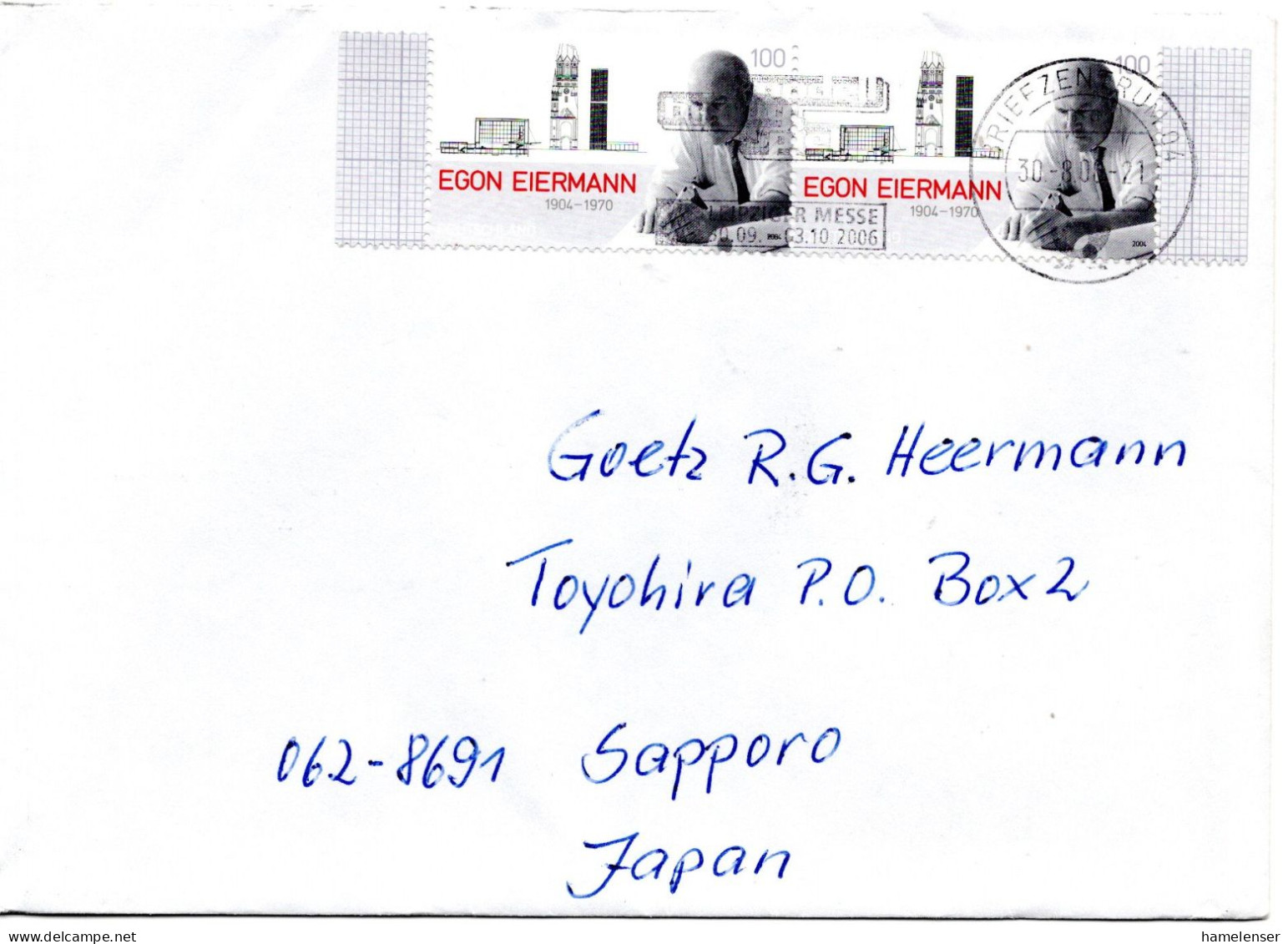 75876 - Bund - 2006 - 2@100Pfg Eiermann A Bf BRIEFZENTRUM 04 - ... LEIPZIGER MESSE -> Japan - Lettres & Documents