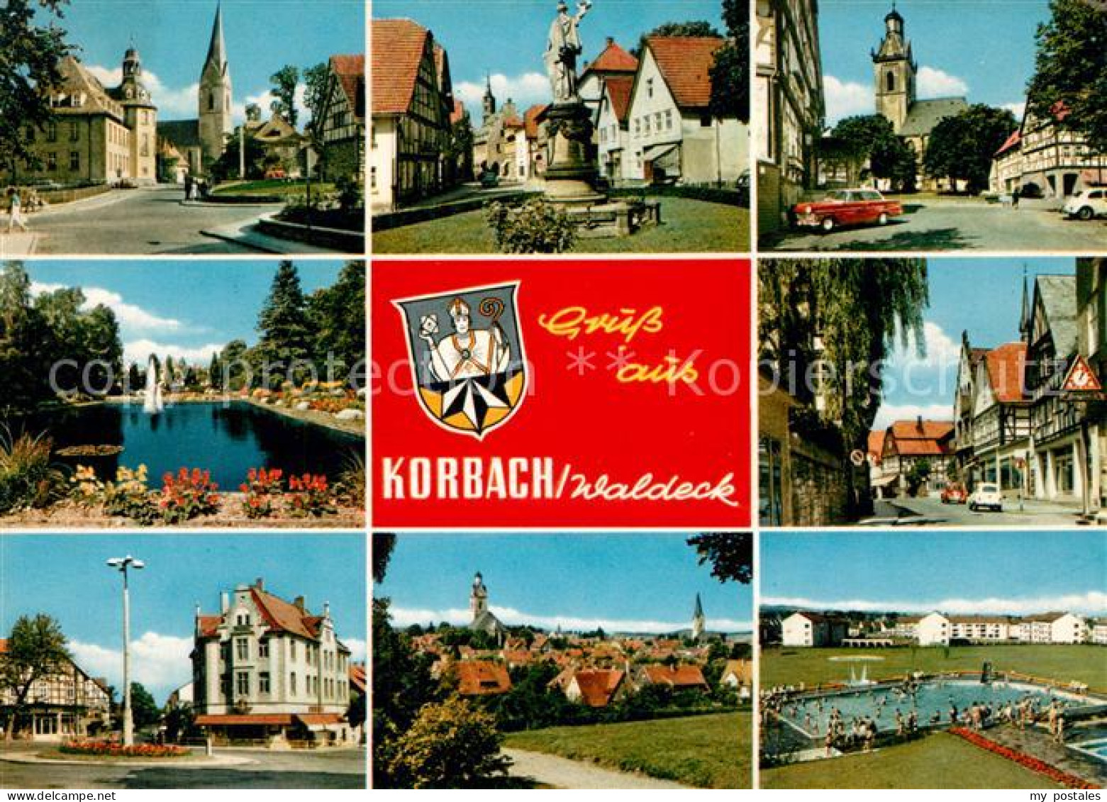 73246995 Korbach Ortsansichten Kirche Brunnen Teich Hauptstrasse Freibad Wappen  - Korbach