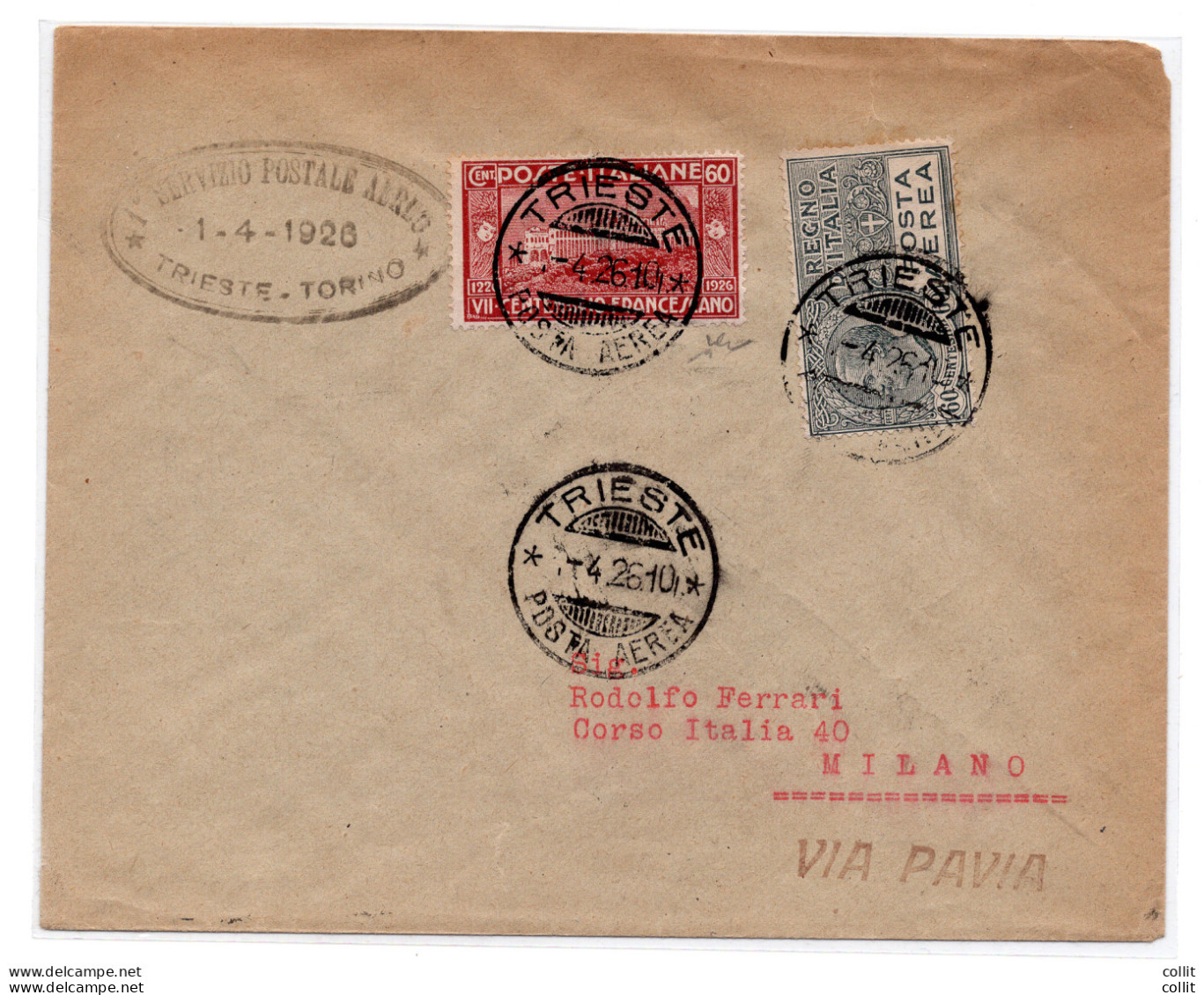 1926 Trieste/Pavia (Milano) Del 1 Aprile - Aerogramma Per Milano - Storia Postale (Posta Aerea)