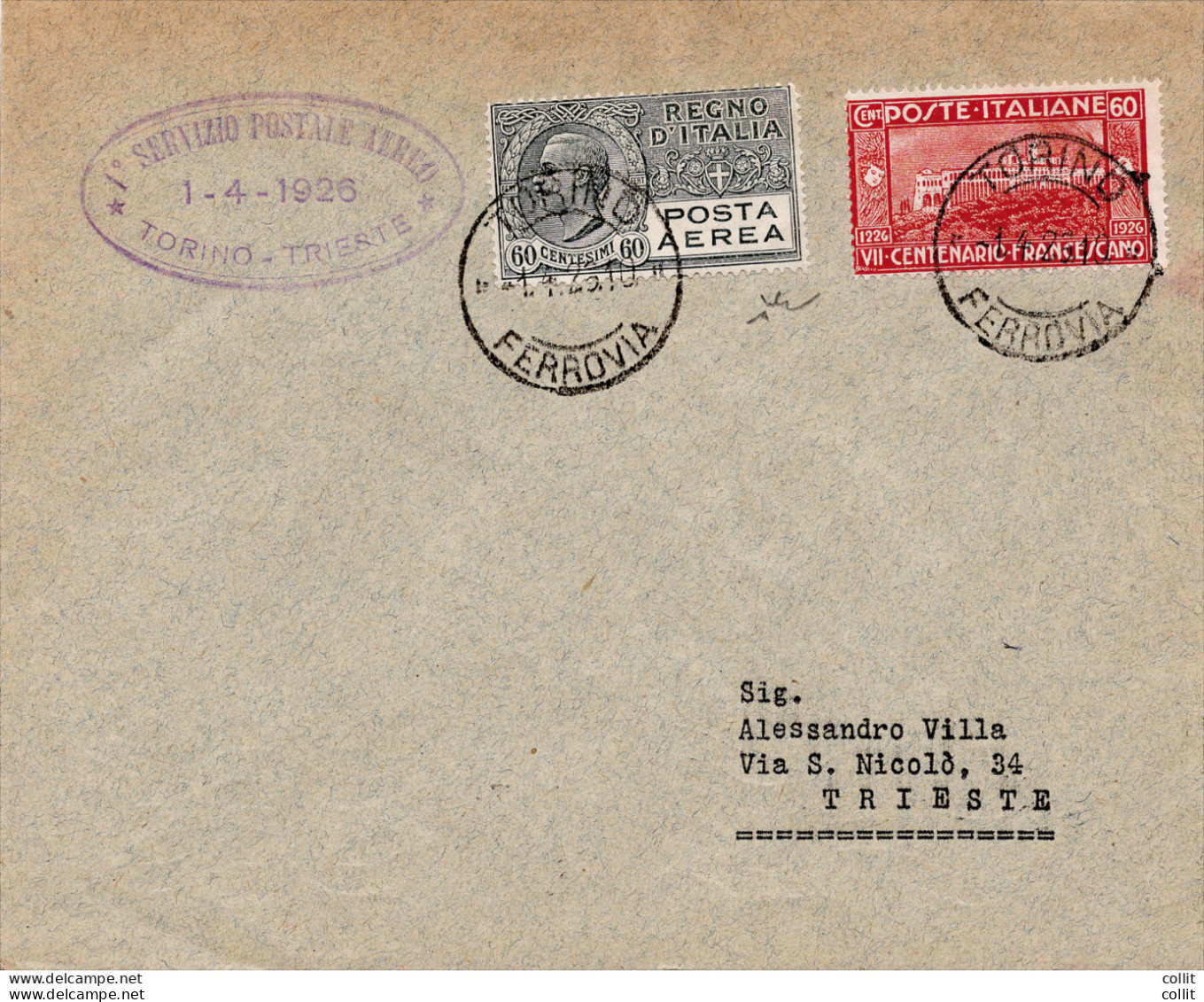 1926 Torino/Trieste Del 1 Aprile - Aerogramma Del Primo Volo SISA - Storia Postale (Posta Aerea)