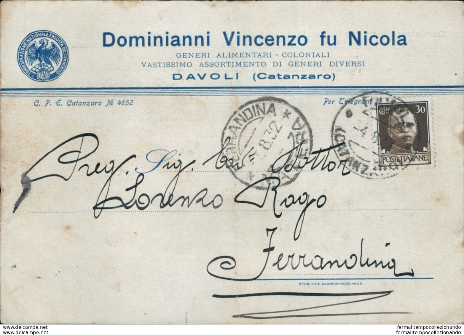 Cl192 Cartolina  Commerciale  Davoli Provincia Di Catanzaro 1932 - Catanzaro