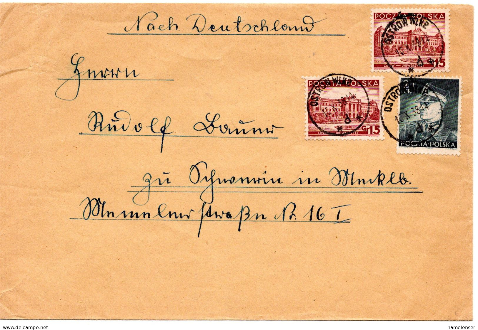 75883 - Polen - 1938 - 25gr Rydz MiF A Bf OSTROW WLKP -> Deutschland - Lettres & Documents