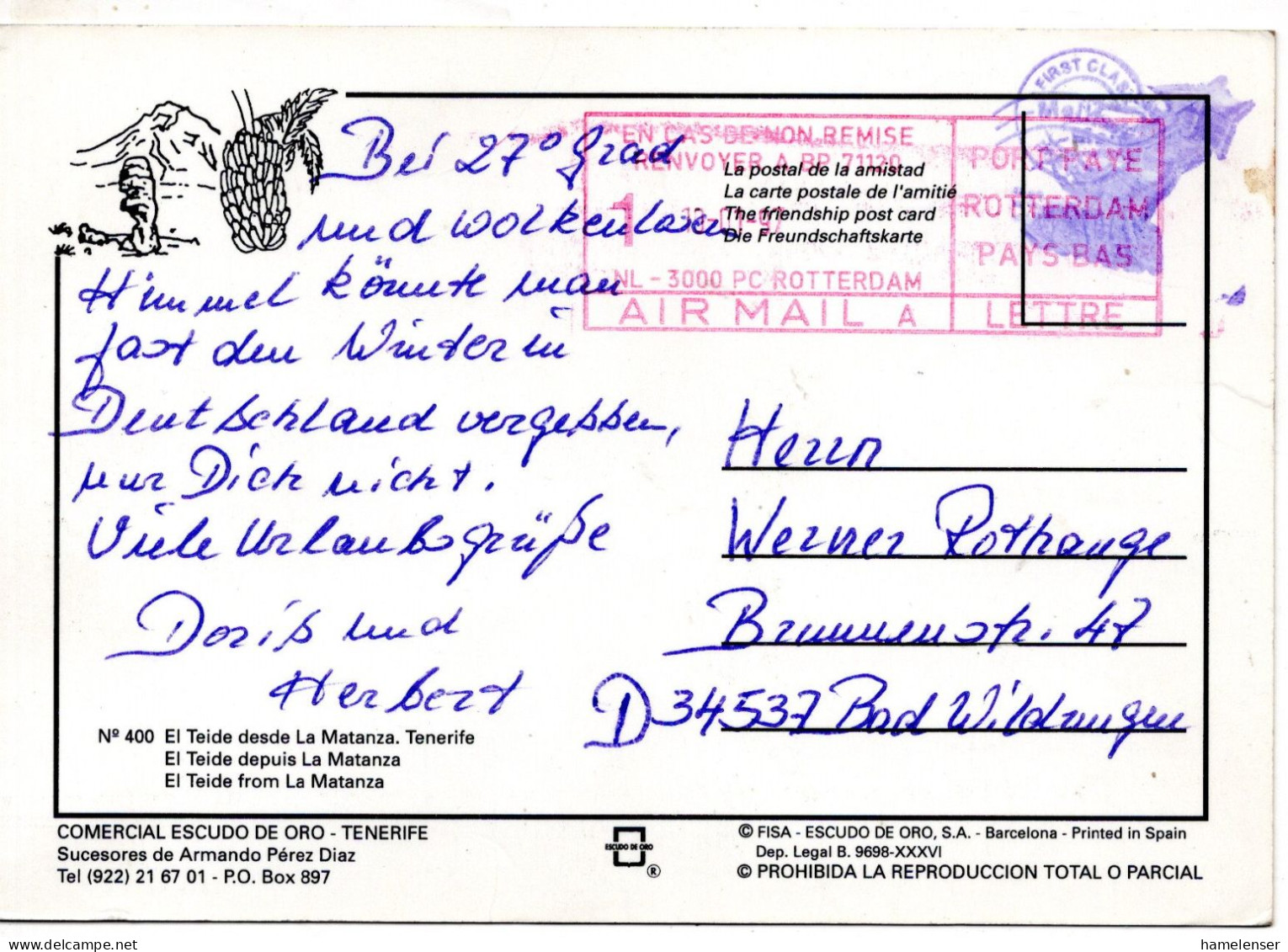 75884 - Spanien - 1997 - PP-Stpl A Remailing-LpAnsKte ROTTERDAM -> Deutschland - Covers & Documents