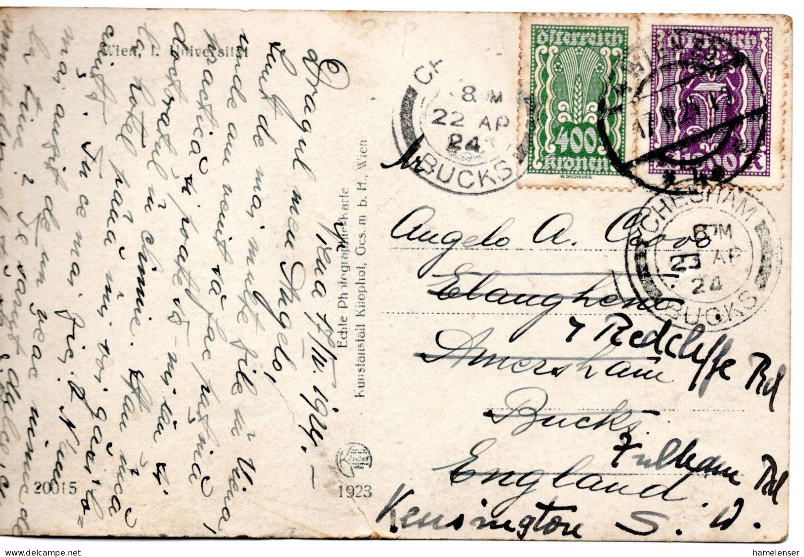 75891 - Österreich - 1924 - 1000K Infla MiF A AnsKte WIEN -> CHESHAM (Grossbritannien), Nachgesandt -> Kensington - Storia Postale