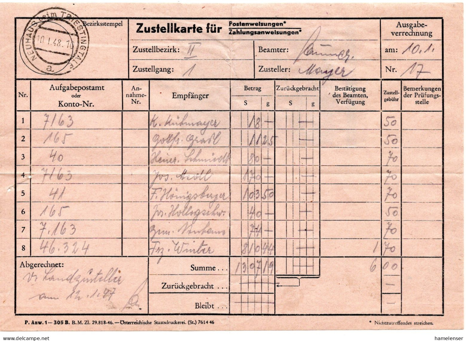 75892 - Österreich - 1948 - 6@S1 Porto A Auszahlungsliste Fuer Postanweisungen NEUHAUS - Portomarken