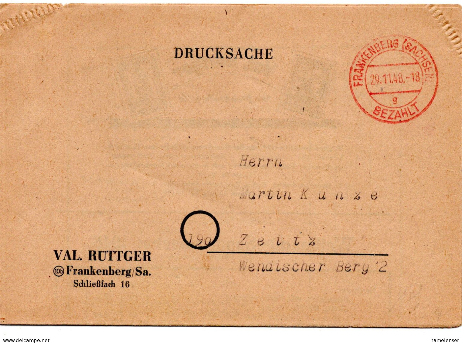 75896 - SBZ - 1948 - FaltDrucksBf FRANKENBERG - BEZAHLT -> Zeitz - Lettres & Documents