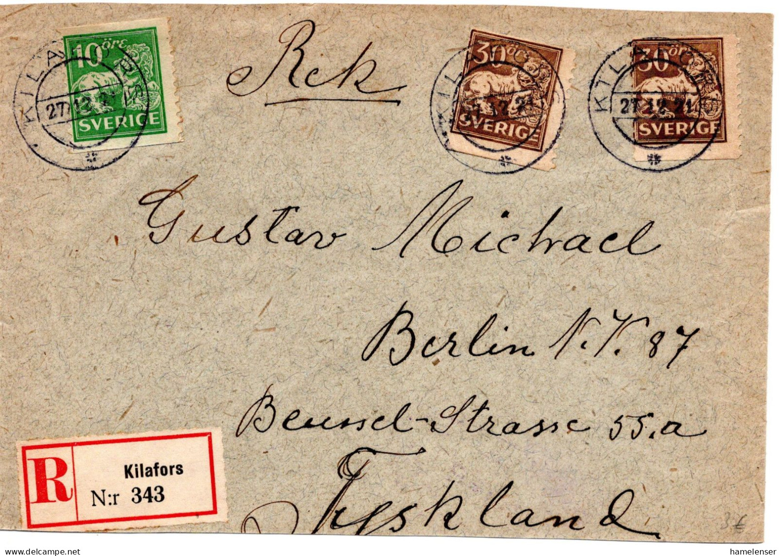 75897 - Schweden - 1921 - 2@30o Loewe MiF A R-Bf (o & U Reduz) KILAFORS -> BERLIN (Deutschland) - Lettres & Documents