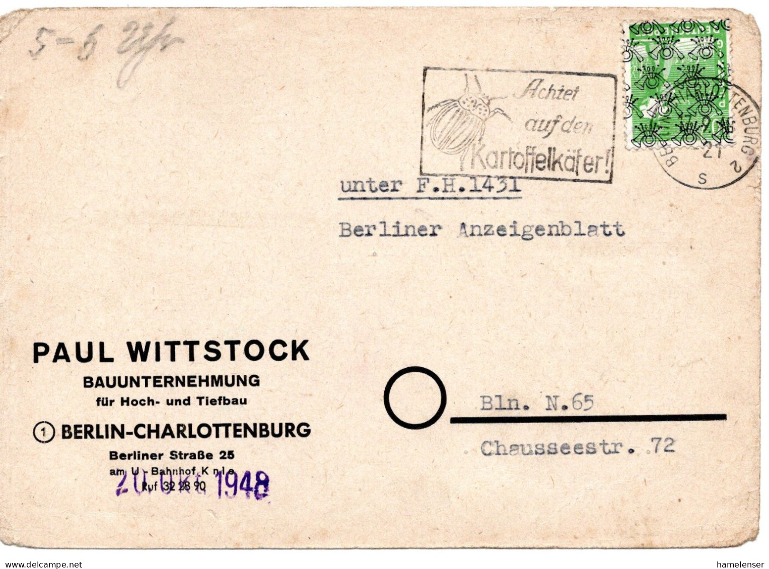 75899 - Berlin - 1948 - Bizone 10Pfg Netzaufdruck EF A OrtsKte BERLIN - ACHTET AUF DEN KARTOFFELKAEFER - Covers & Documents