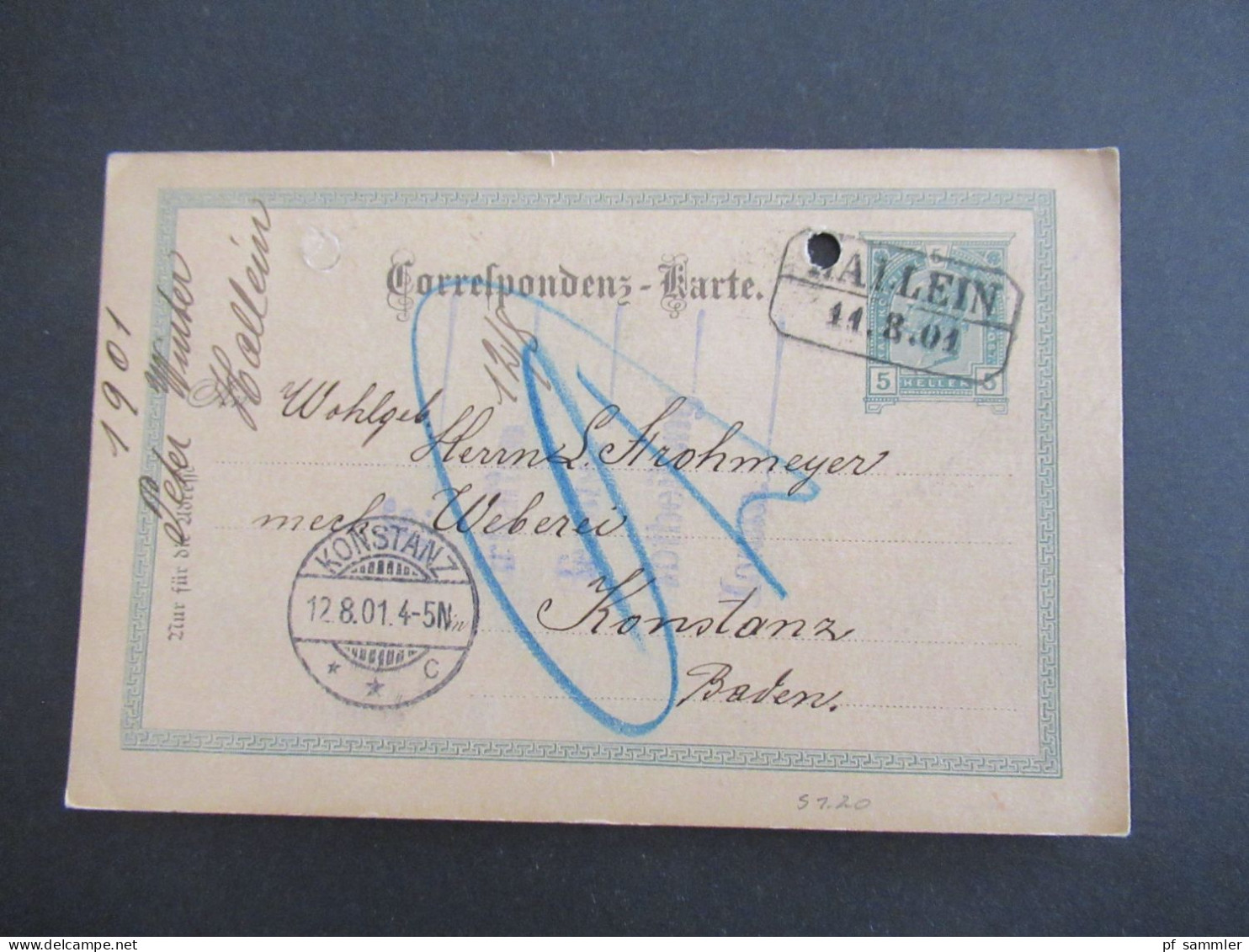 Österreich 1901 Ganzsache 5 Heller Mit Stempel Ra2 Hallein Nach Konstanz Baden Mit Ank. Stempel - Cartoline