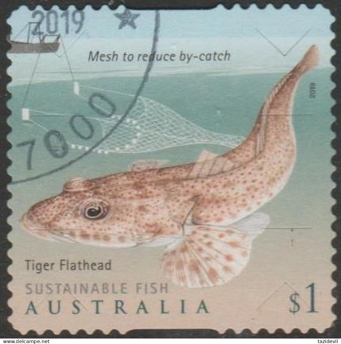 AUSTRALIA - DIE-CUT - USED - 2019 $1.00 Sustainable Fish - Tiger Flathead - Used Stamps