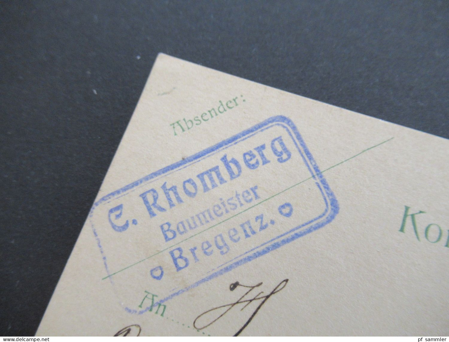 Österreich 1906 GA Auslandsverwendung Bregenz Und Ank. Stp. Sanct Ludwig Elsass Abs. C. Rhomberg Baumeister Bregenz - Postcards