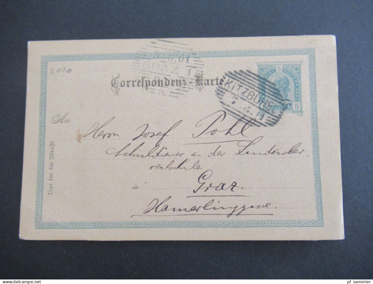 Österreich 1901 GA 5 Heller Strichstempel Kitzbühel Nach Graz An Den Schuldiener Der Landes Oberrealschule - Postkarten