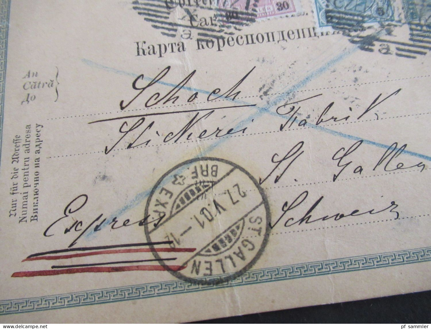 Österreich 1901 GA (Deutsch - Rum.-Ruth.) Mit 2x ZuF Nr.87 Und 92 Strichstempel Czernowitz 1 Nach St. Gallen / Express - Postkarten
