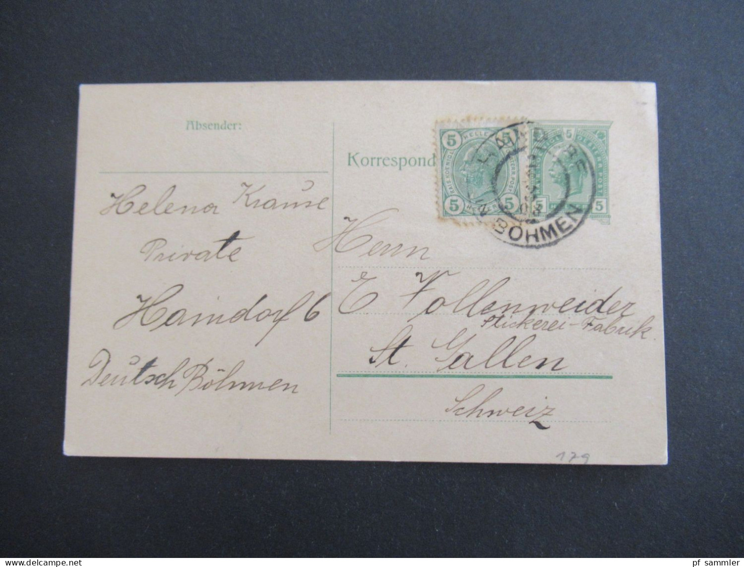 Österreich / Tschechien 1908 GA 5 Heller Mit Zusatzfrankatur Haindorf Deutsch Böhmen - St. Gallen In Der Schweiz / Ausla - Cartoline
