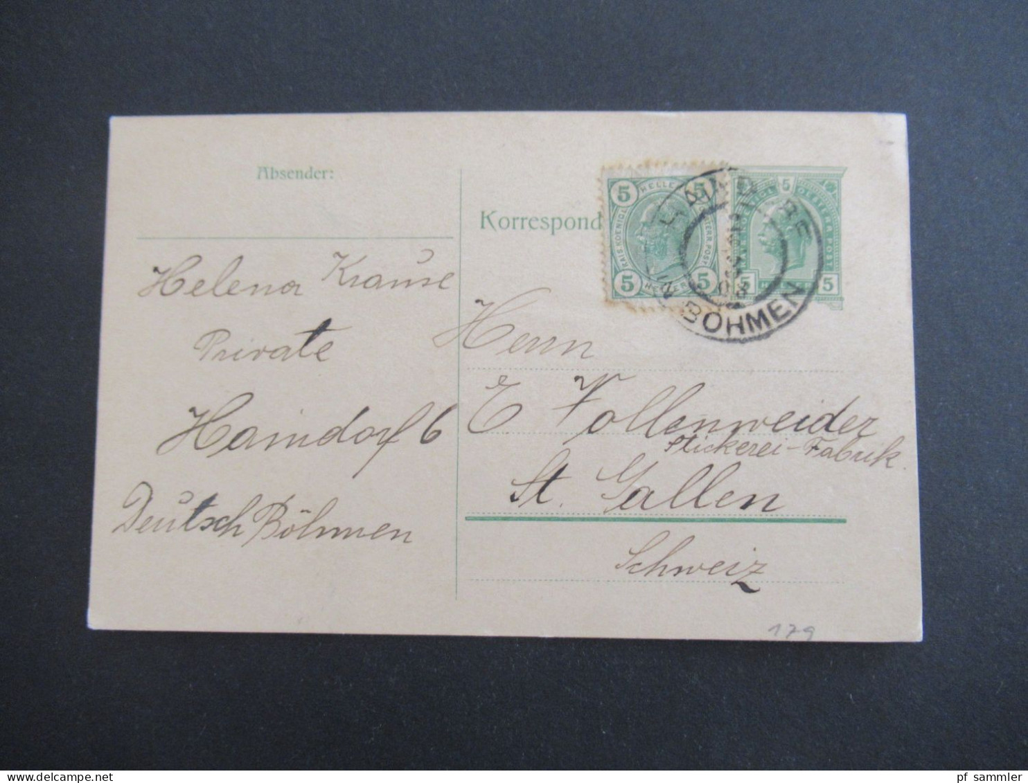 Österreich / Tschechien 1908 GA 5 Heller Mit Zusatzfrankatur Haindorf Deutsch Böhmen - St. Gallen In Der Schweiz / Ausla - Cartes Postales