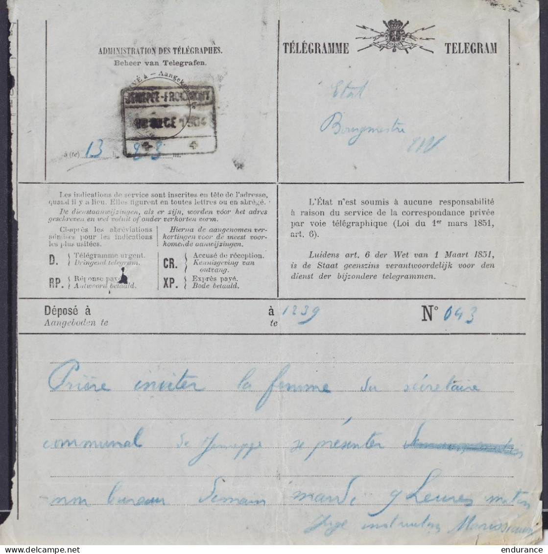 Télégramme Déposé à JEMEPPE Pour E/V - Càd Arrivée [JEMEPPE-FROIDMONT /10 DECE 1904] - Telegrams