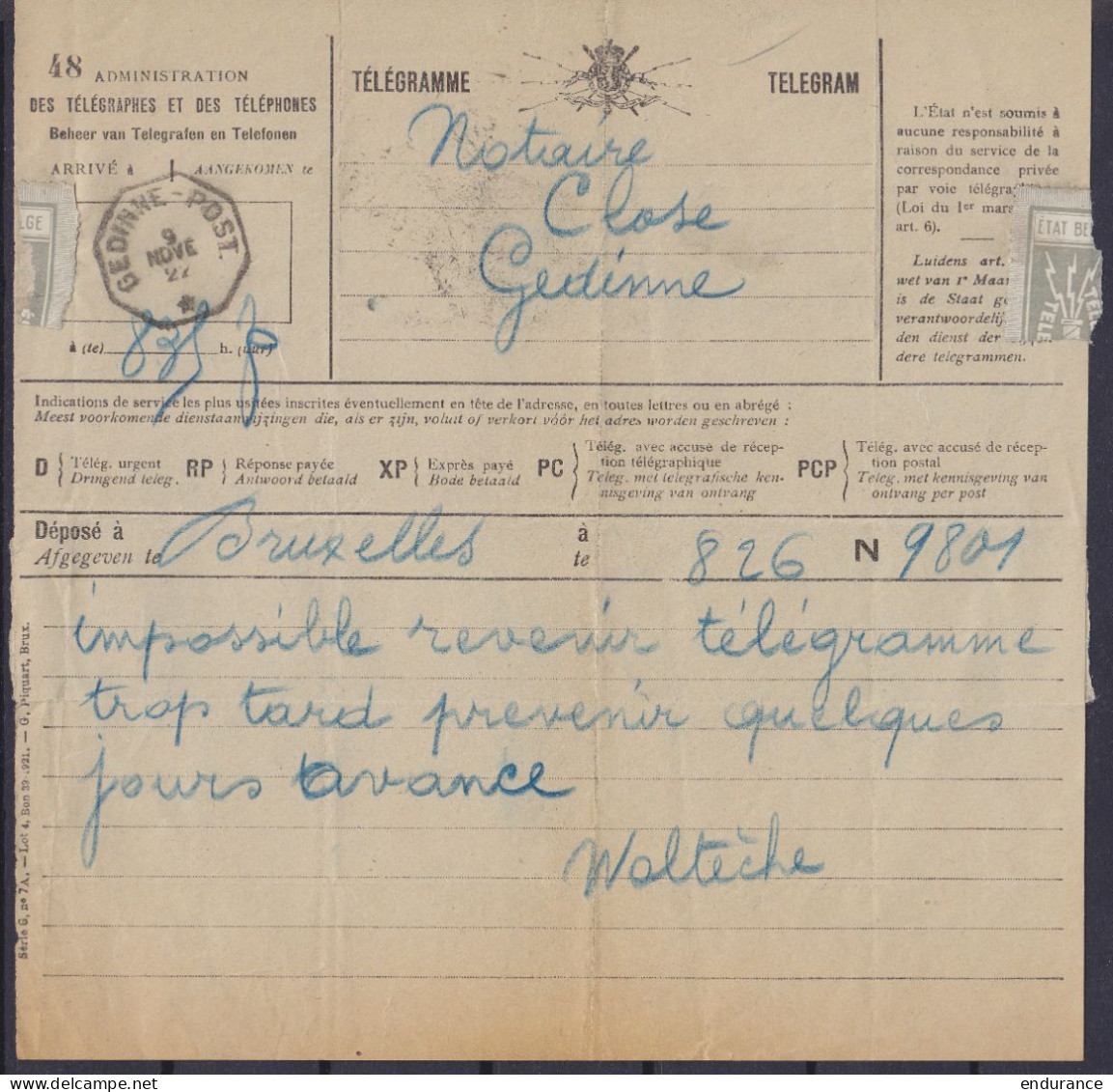 Télégramme Déposé à BRUXELLES - Càd Arrivée Octogon. GEDINNE-POST. /9 NOVE 1922 Pour Notaire à Gedinne - Telegrammen