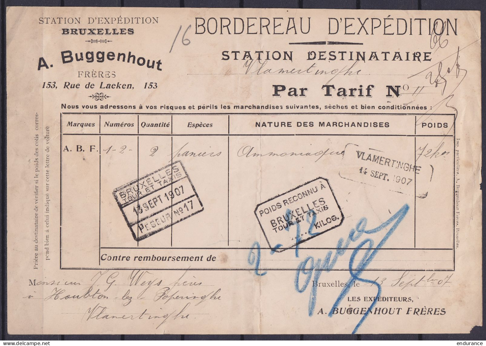 Bordereau D'expédition "Station D'expédition Buggenhout Frères" Càd [BRUXELLES / TOUR ET TAXIS /13 SEPT 1907/ PESEUR N°1 - Autres & Non Classés