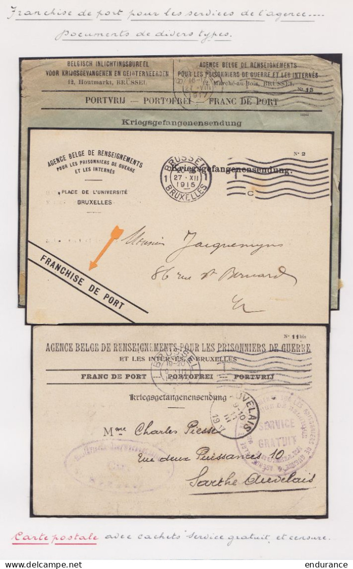 Lot 3 Documents  "Agence Belge De Renseignement Pour Les Prisonniers De Guerre" En Franchise Oblit. BRUXELLES 1915 & 191 - Prisioneros