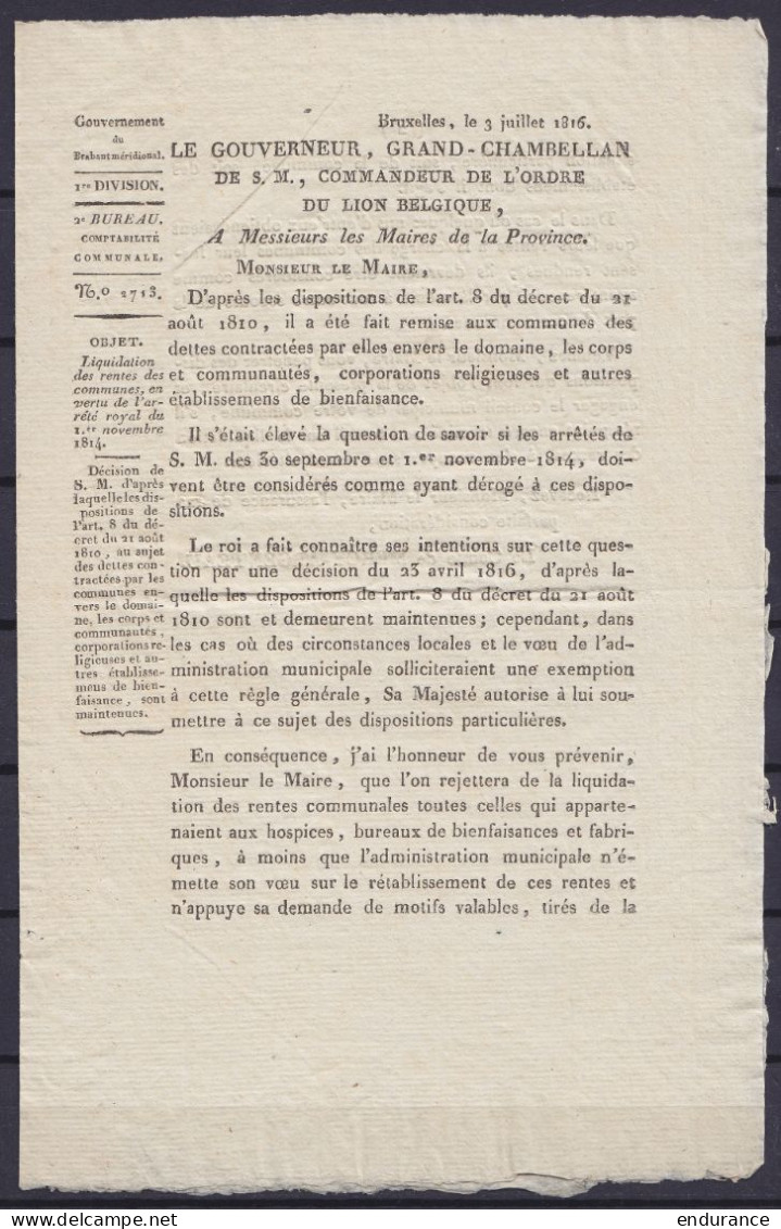 Circulaire Du Gouverneur Du Brabant Méridional Datée 3 Juillet 1816 De BRUXELLES Pour Maires De La Province à Propos De  - Décrets & Lois