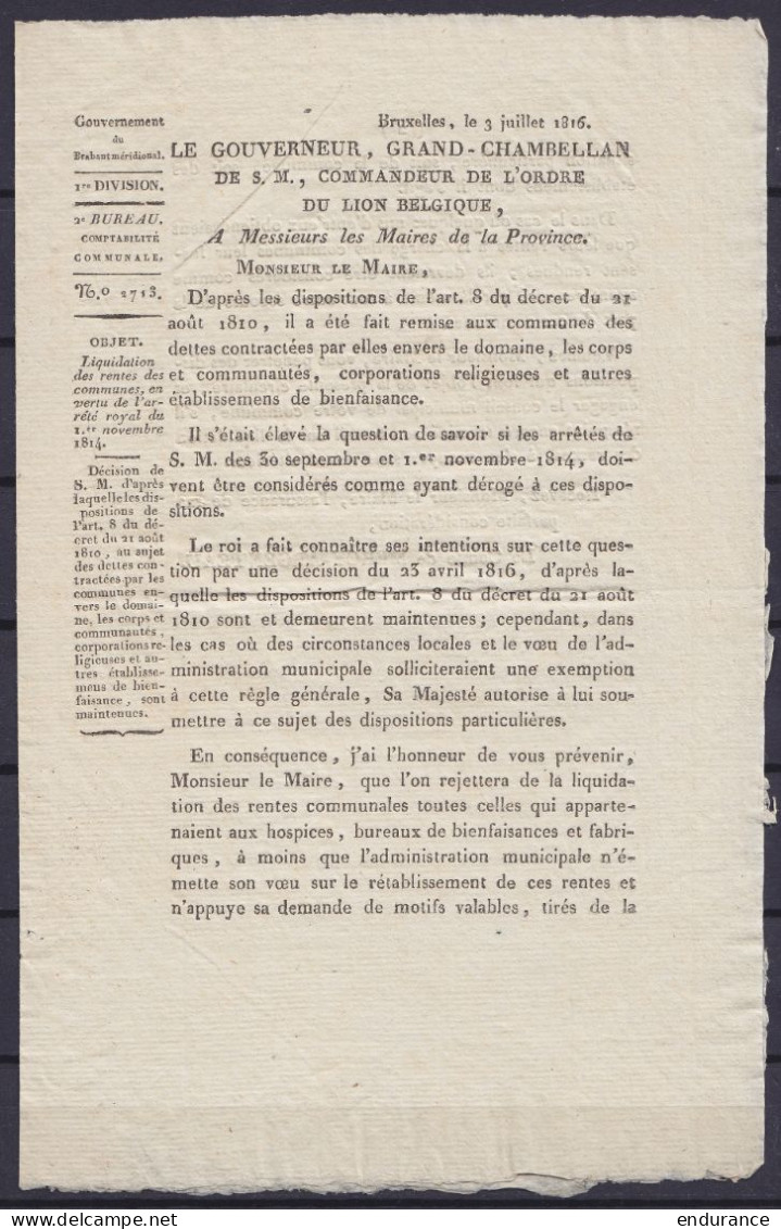 Circulaire Du Gouverneur Du Brabant Méridional Datée 3 Juillet 1816 De BRUXELLES Pour Maires De La Province à Propos De  - Decrees & Laws