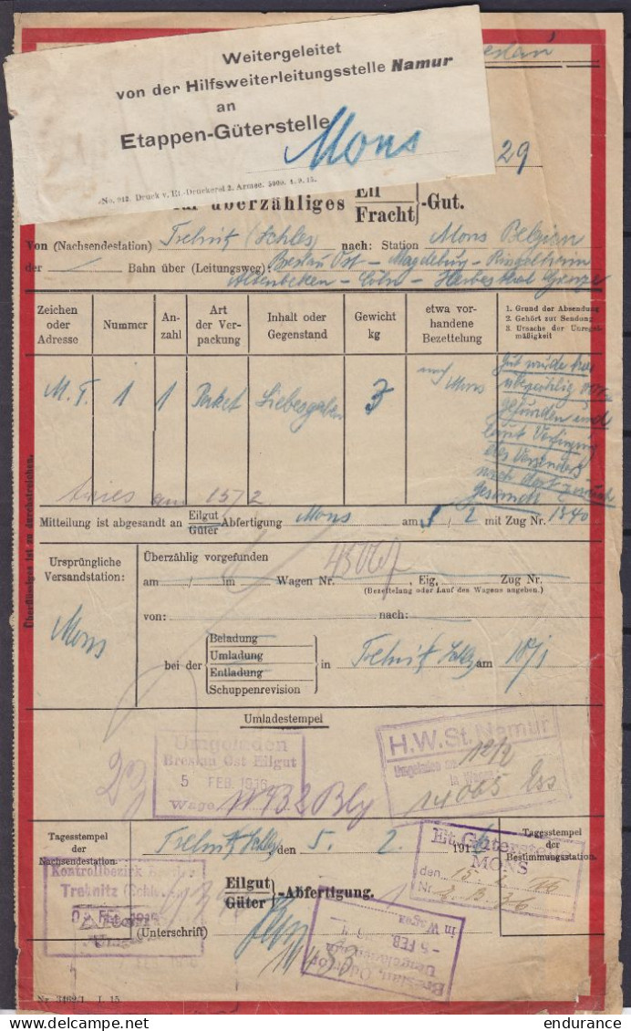 Bordereau D'envoi De Colis De Prisonnier De TREKNITZ Allemagne Février 1916 Pour MONS - Via BRESLAU & NAMUR - Vignette [ - Prisioneros